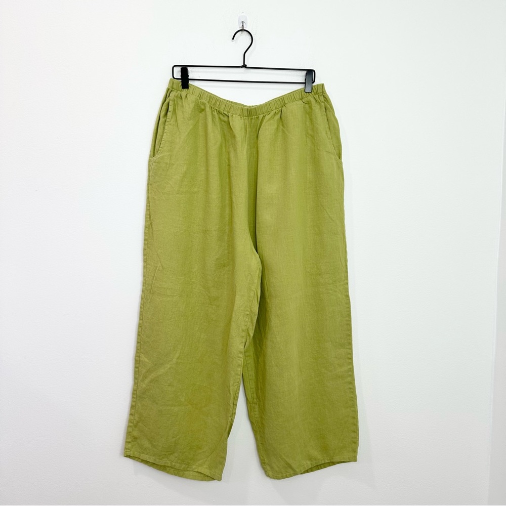 Flax | Lagenlook Chartreuse Green Textured Linen
Wide Leg Ankle Pants Large
